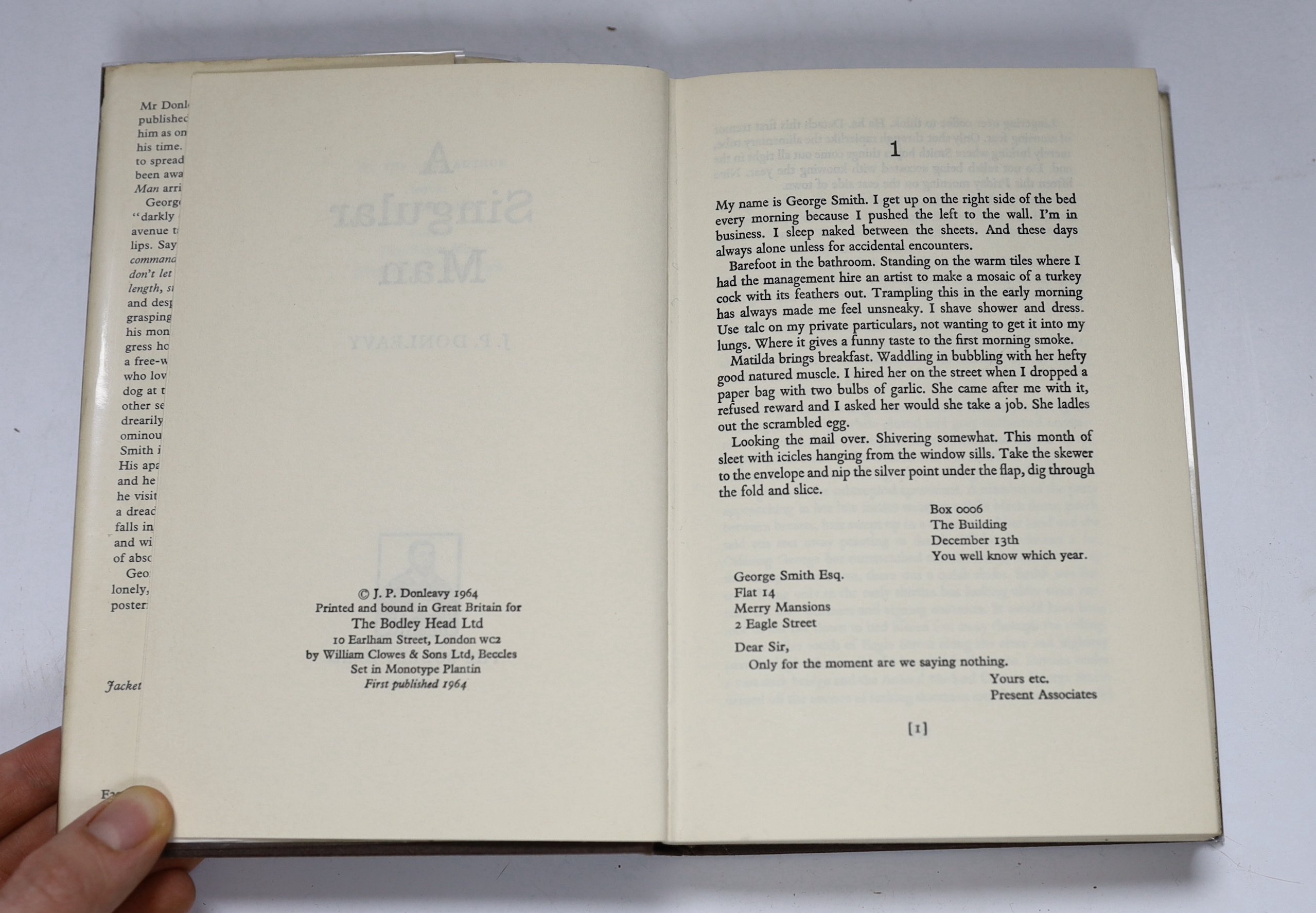 Kesey, Ken - One Flew Over the Cuckoo's Nest ... 1st English Edition. half title; publisher's cloth and d/wrapper. Author’s name not blacked on copyright page, which normally the case, 1962; Donleavy, J.P. - A Singular M